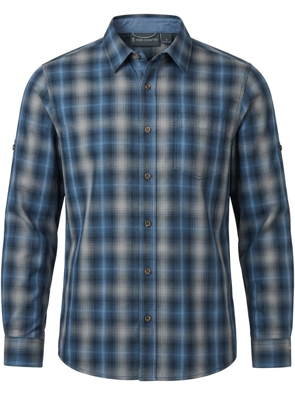 Free Country Men’s Plaid Button Down Shirt Long Sleeve Blue Grey Size Large